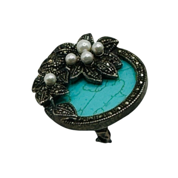 Vtg925 Sterling Turquoise Marcasite Flower Pearl Pin/Brooch 1.25"x1.25" 11.37 Gr - Picture 3 of 7